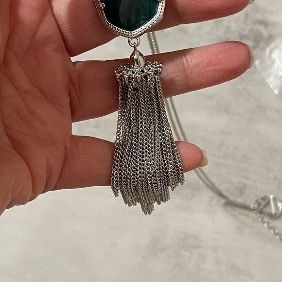 Kendra Scott Rayne Teal Tiger's Eye Silver Tone Tassel Pendant Necklace 30" - Picture 6 of 9